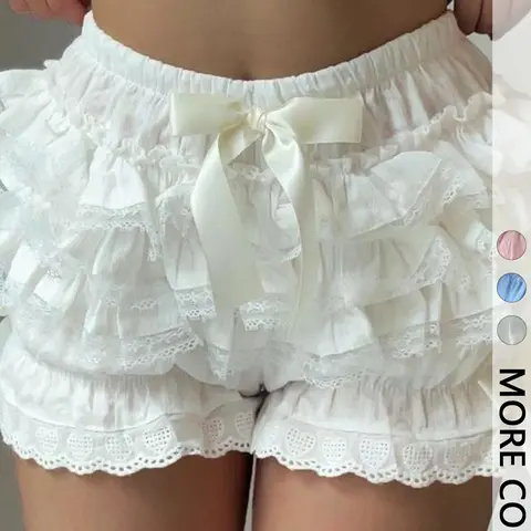 Women's High Waist Tiered Ruffle Lace Bloomers Lolita Ruffle Shorts with Bow Detail Aesthetic