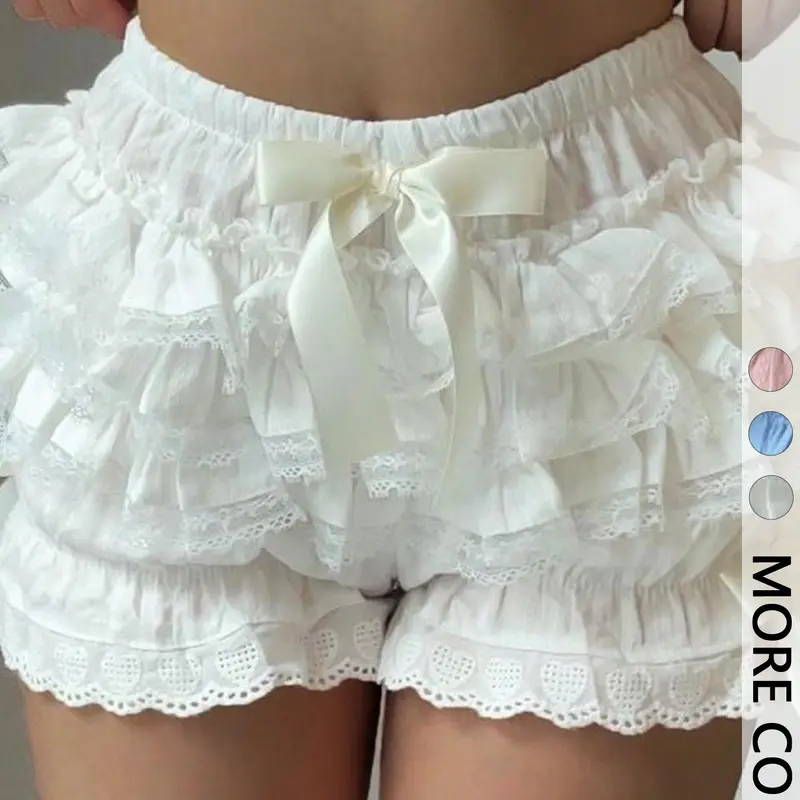 Women's High Waist Tiered Ruffle Lace Bloomers Lolita Ruffle Shorts with Bow Detail Aesthetic