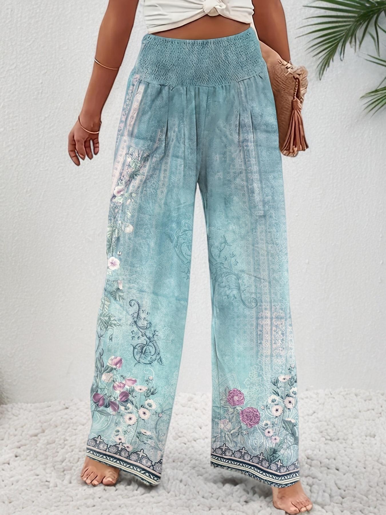 Women's Patchwork Print Elastic Waist Wide Leg Pants, Boho Bohemian Casual Trousers for Beach Vacation Holiday, Ladies Bottoms for All Seasons
