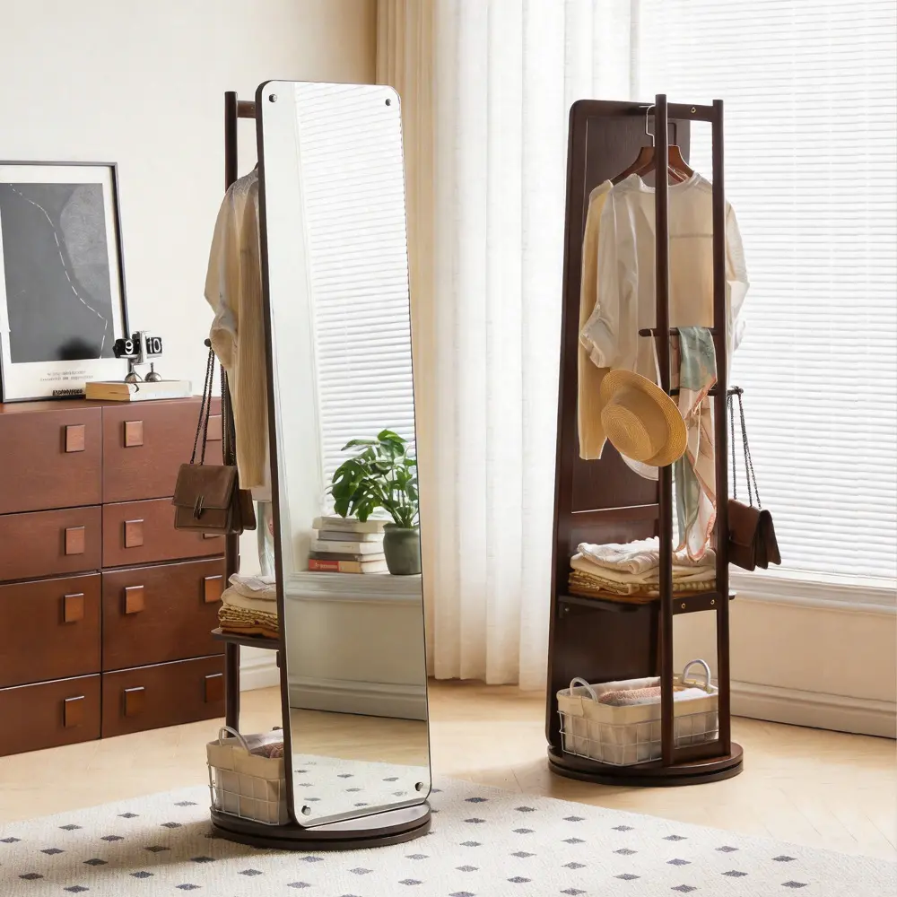 Rotating Full Length Mirror with Clothes Rack, Solid Wood Freestanding Jewelry Armoire Mirror Cabinet, 360° Swivel Dressing Mirror with Storage Shelves & Hanging Hooks, Multifunctional Bedroom Closet Organizer Mirror for Bedroom, Living Room, Entryway