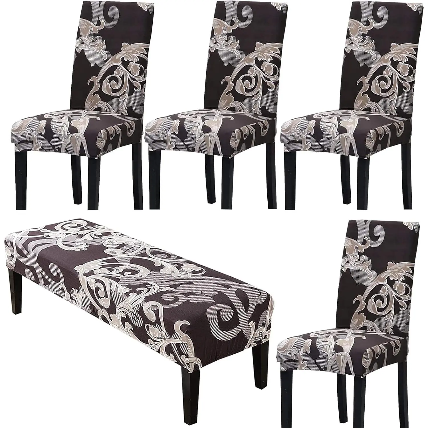 Flower Pattern Spandex Dining Chair & Bench Cover Set (4 + 1 PCS), Removable Washable, Wrinkle Resistant, All Seasons, Top-To-Seat 20"-24"/50-60cm, Seat Length 14"-20", Thickness 5-20cm, Stretch Fit