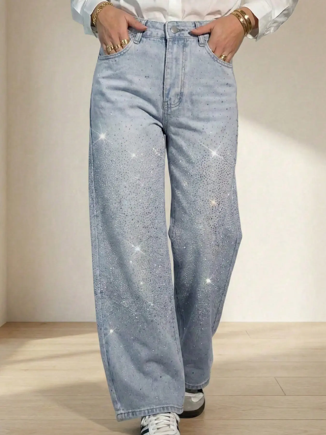 Women's Light Wash High Waisted Denim Jeans, Rhinestone Studded Wide Leg Trouser, Casual Y2K Streetwear for Party Club Night Out, Spring Summer