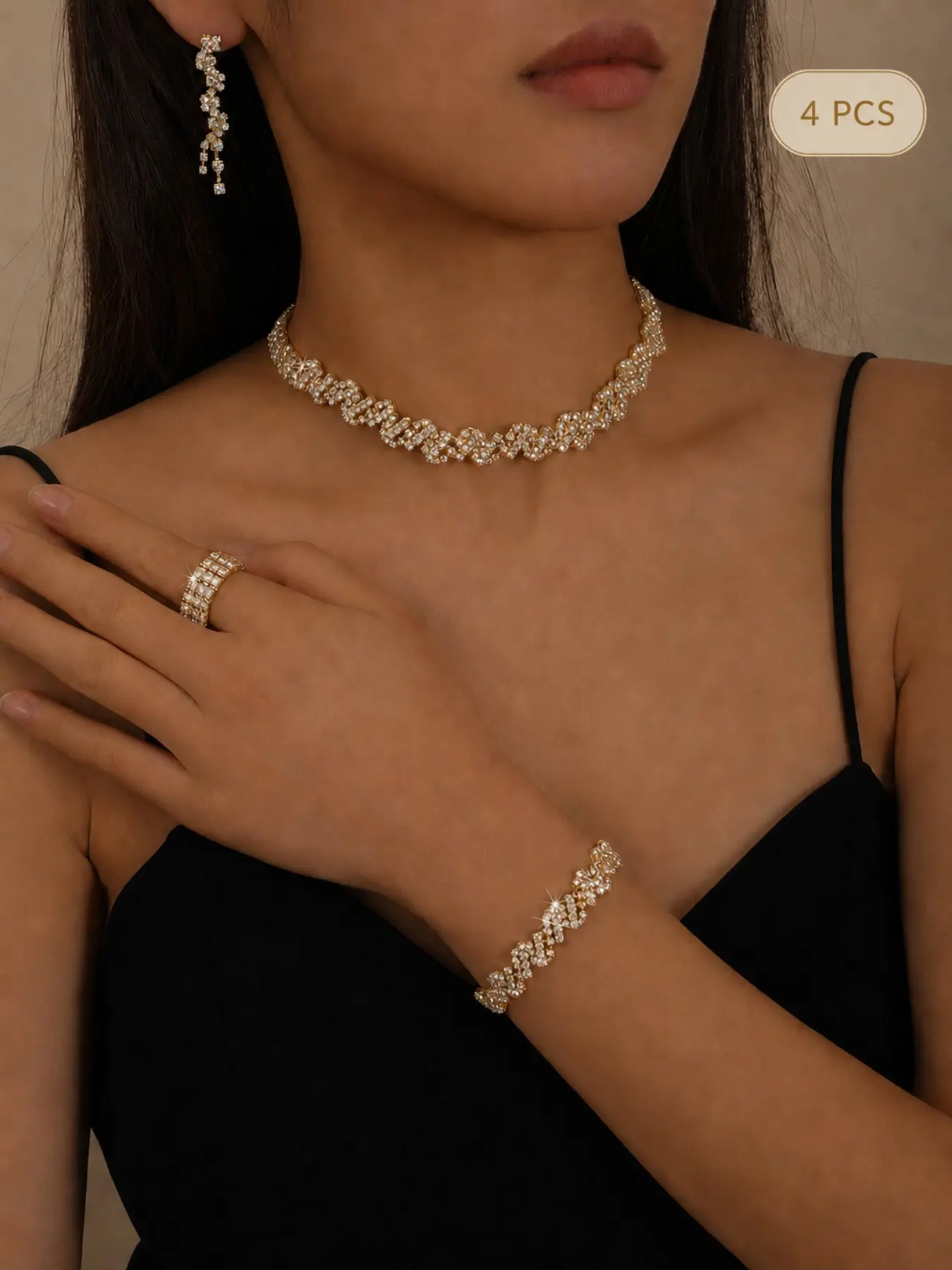 4Pcs Sparkly Rhinestone Look Jewelry Set for Women, Statement Necklace Drop Earrings Bracelet Ring, Gold Color Party Jewelry, Back to School Outfit, Wedding Guest Bridesmaid Gift, Holiday Gift