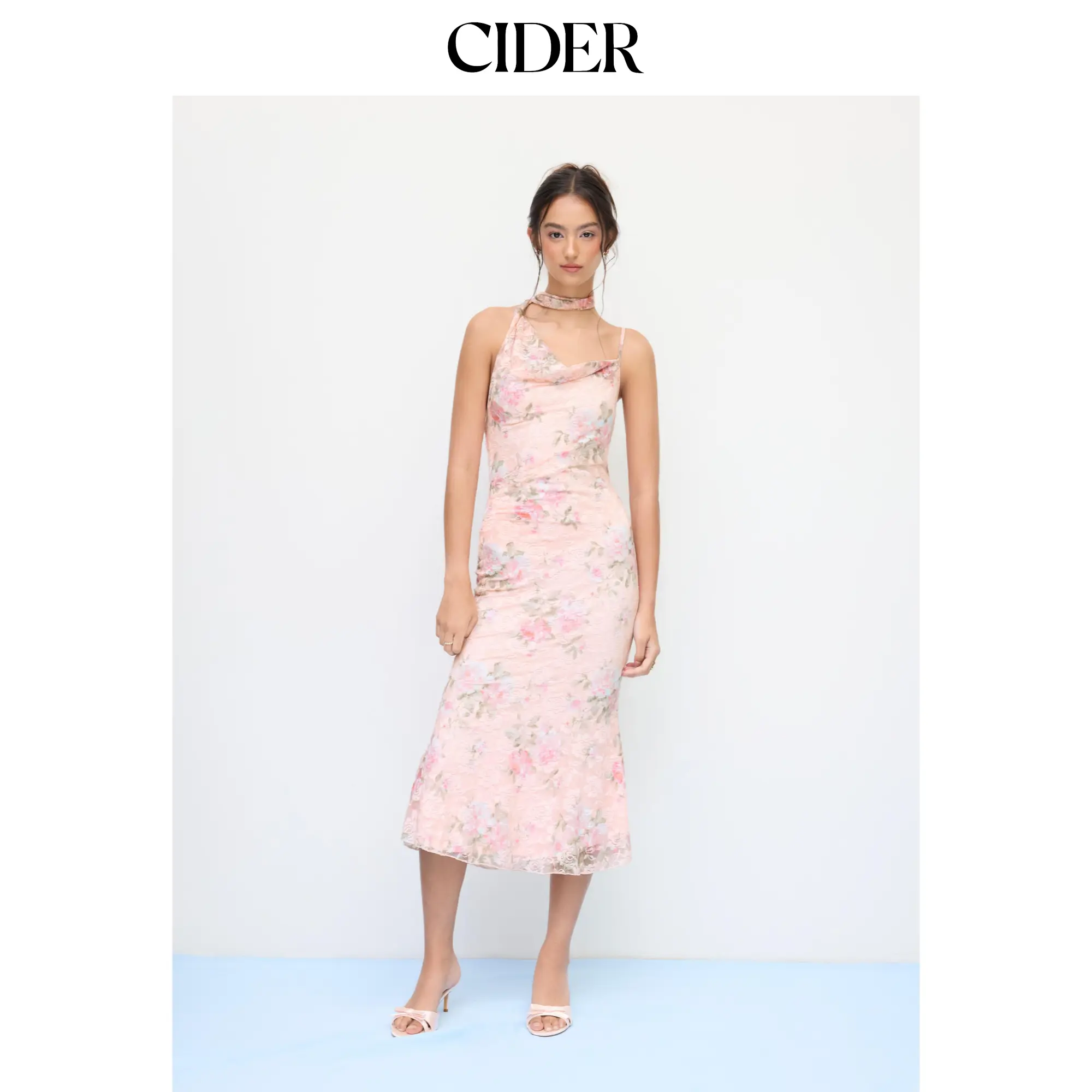 Cider Lace Floral Cowl Neck Mermaid Maxi Dress With Scarf