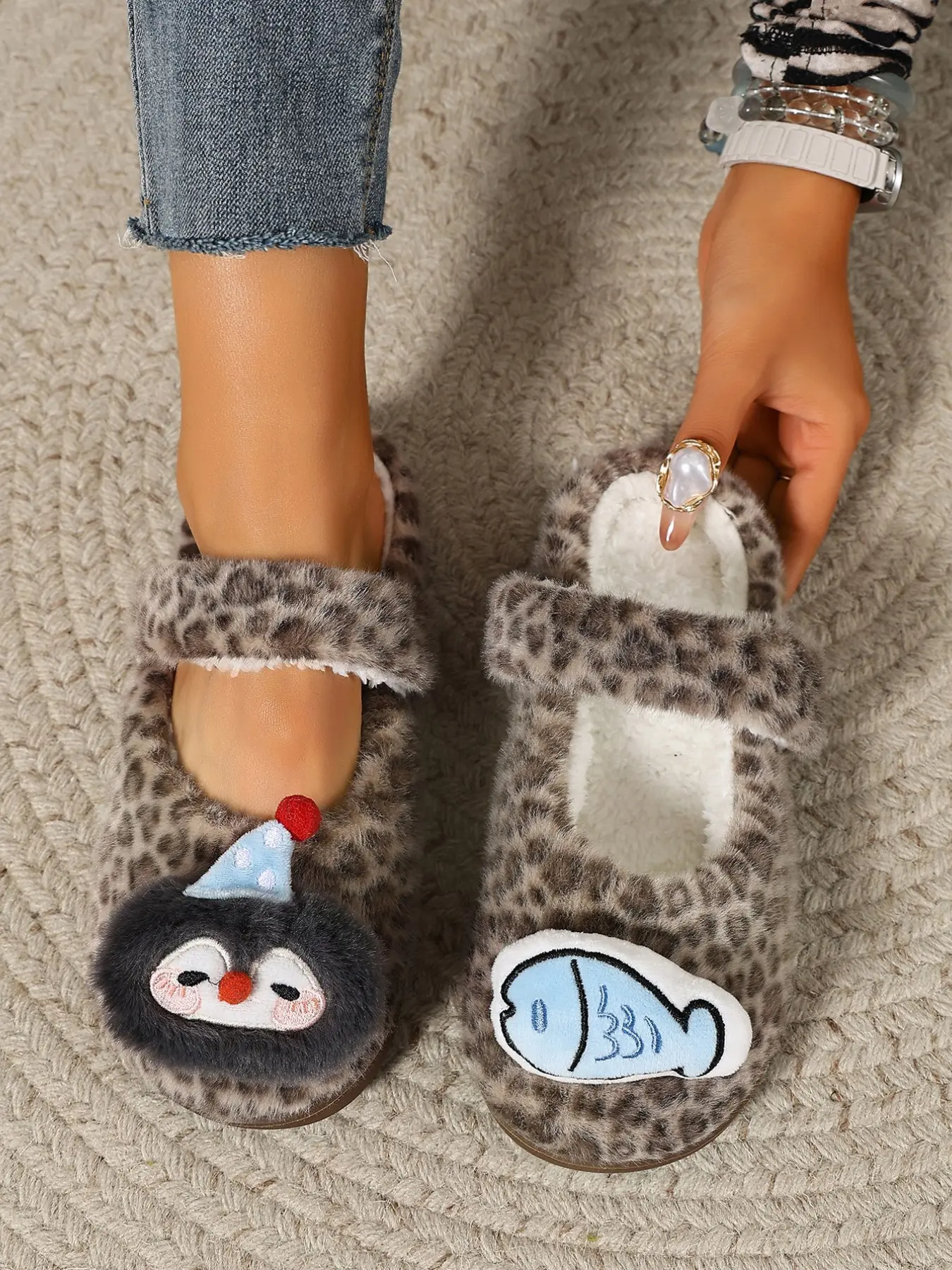 Women's Fall Winter Leopard Print Mary Jane Slippers, Cartoon Fish Penguin Stickers, Textile Upper, Rubber Sole, Sweet Style
