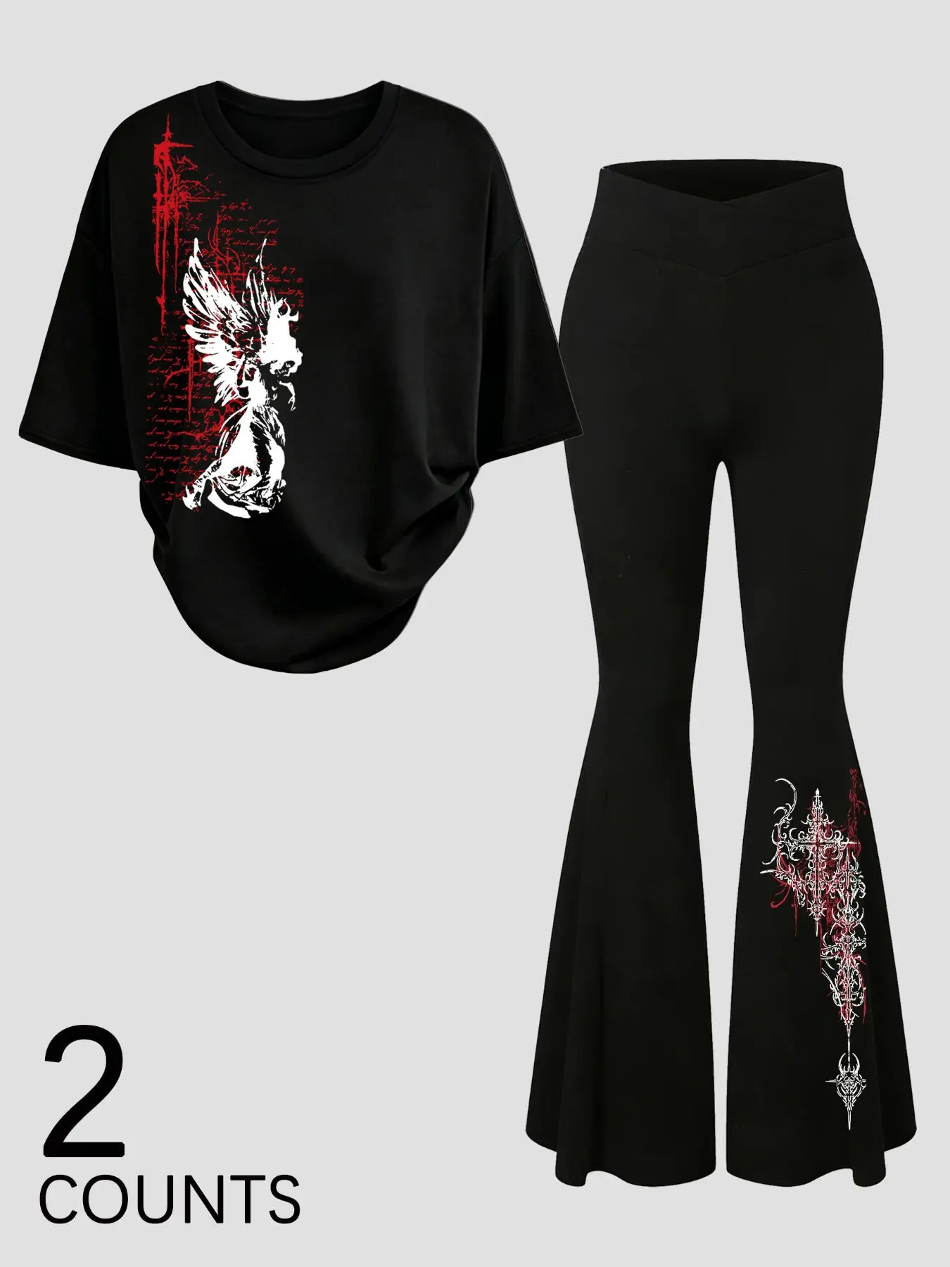 Women's Gothic Angel Print Fitted Two-piece Set, Flare-Leg Leggings & Short Sleeve T-shirt, Y2k Dark Aesthetic Style Outfit, Perfect for Everyday Wear, Streetwear, Casual, Womenswear, Summer Clothes
