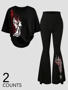 Two-piece set of leggings and short Sleeve t-shirt with Gothic angel print, Y2K dark aesthetic style, Fitted, perfect for young people's everyday summer street wear Women, Womenswear Clothes Outfit