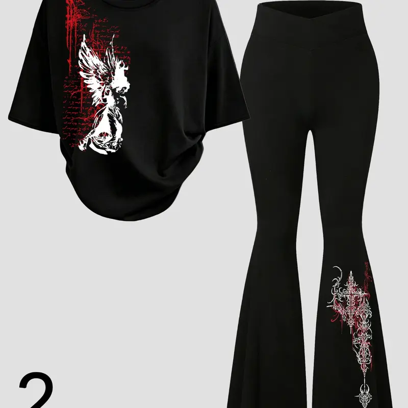 Women's Gothic Angel Print Fitted Two-piece Set, Flare-Leg Leggings & Short Sleeve T-shirt, Y2k Dark Aesthetic Style Outfit, Perfect for Everyday Wear, Streetwear, Casual, Womenswear, Summer Clothes