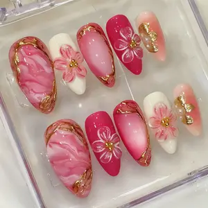 30Pcs 3D Gradient Floral Almond Press On Nails for Women, Gold Foil Handmade Rhinestone Red False Nails, Glossy Full Cover Fake Nails for Party Date Festival Daily Wear