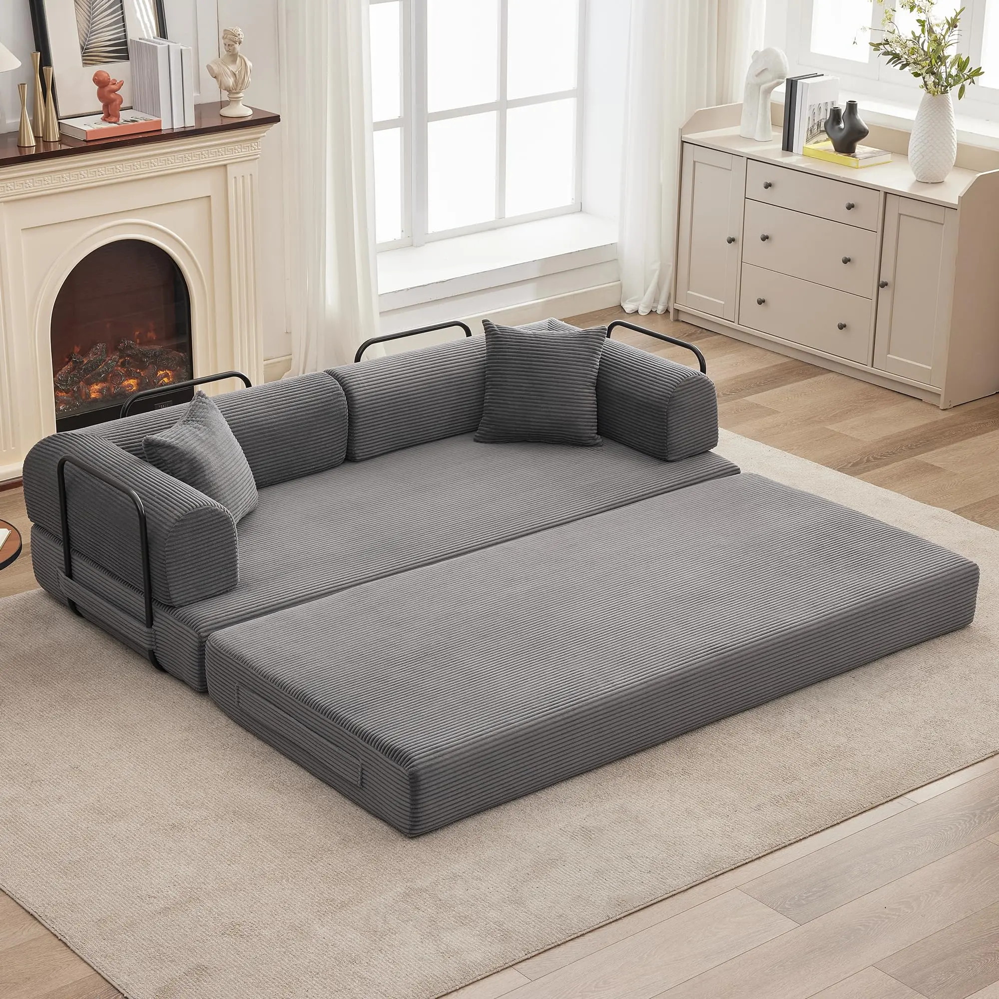 79" Convertible Sleeper Sofa Bed Corduroy Couch, 6-in-1 Boneless Folding Sofa Bed w/ Pillow & Fixed-Shape, Floor Mattress Couch Loveseat for Living Room Apartments