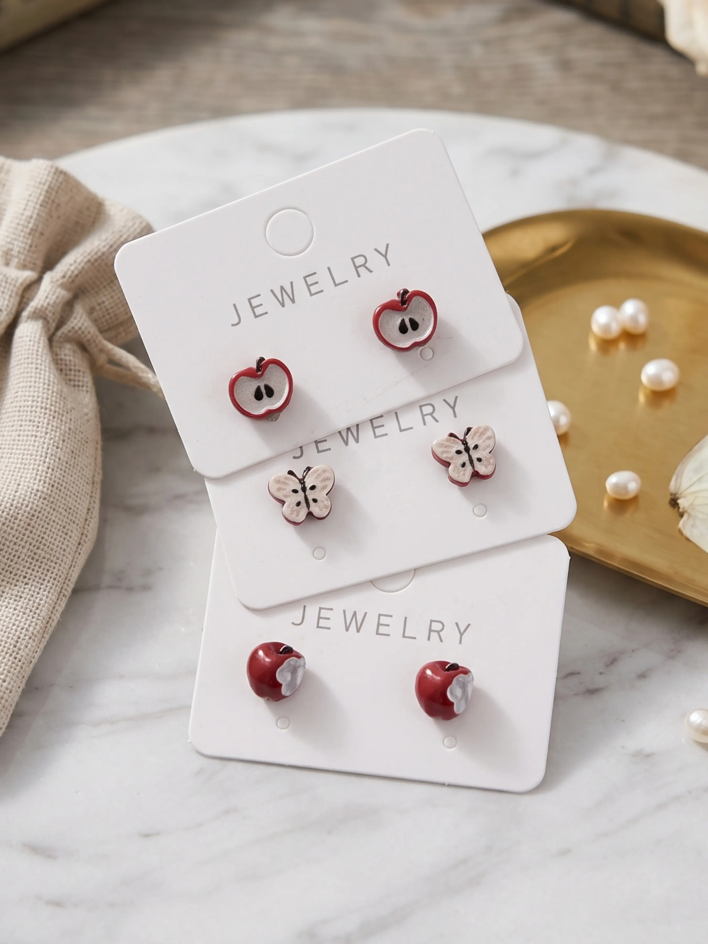 Cute Apple Butterfly Magnetic Stud Earrings, No Piercing Magnet Clip On, Mini Enamel Fruit Insect Jewelry, Gift for Women Girls