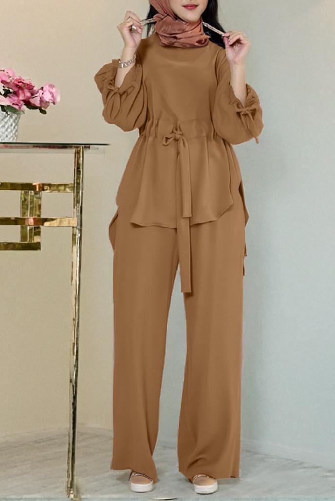Middle Eastern Muslim Two-Piece Set: Solid Color Drawstring Tie-Up Top and Wide-Leg Pants for Women, Elegant Arabian Outfit with Round Neckline, Modest Fashion, Casual Wear, Stylish Ensemble, Elegant Design, Breathable Material, Lightweight Fabric, Muslim