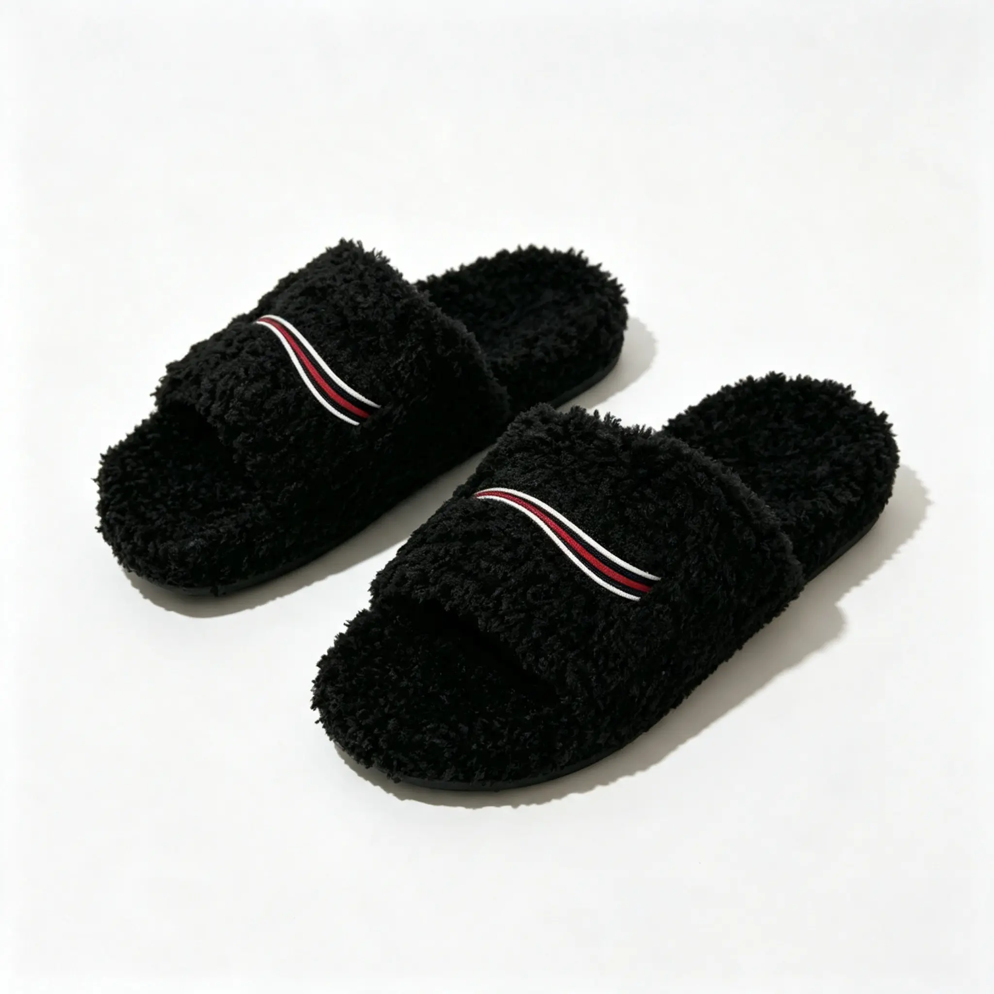 Black Curly Fuzzy Slide Slippers, Striped Decor Open Toe Fluffy Plush Slides, Warm Cozy Slip On Indoor House Slippers, Fashion Casual Winter Comfort Footwear for Indoor & Brief Outdoor Wear
