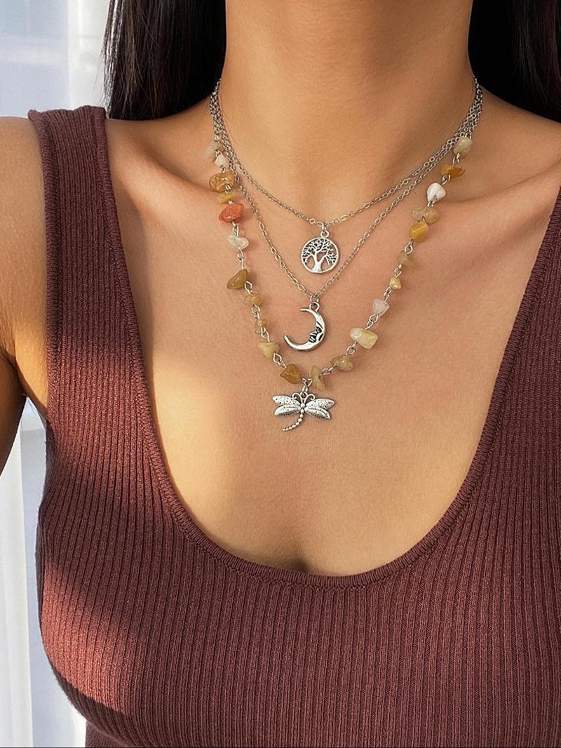 Women's Elegant Artificial Crystal & Star & Triple Moon Pendant Necklace, Fashion Jewelry for Party, Trendy All-match & Exquisite Jewelry for Gift, for Fall, Whimsical Necklace, Unique Gifts for Women, Statement Necklace, Necklace Stack