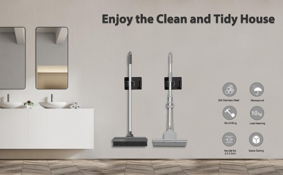 Mop Broom Holder No Drill, Mop Broom Organizer Wall Mounted Heavy Duty with Hooks Hanger, Self Adhesive Stainless Steel 4Pcs for Bathroom, Kitchen, Office (Black)