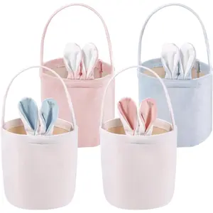 4pcs Easter Baskets for Kids, Velvet Easter Eggs Hunt Basket with Bunny Ears, Bunny Basket Bags, Easter Gift Bag for Easter Games, Party Gifts & Spring Decoration
