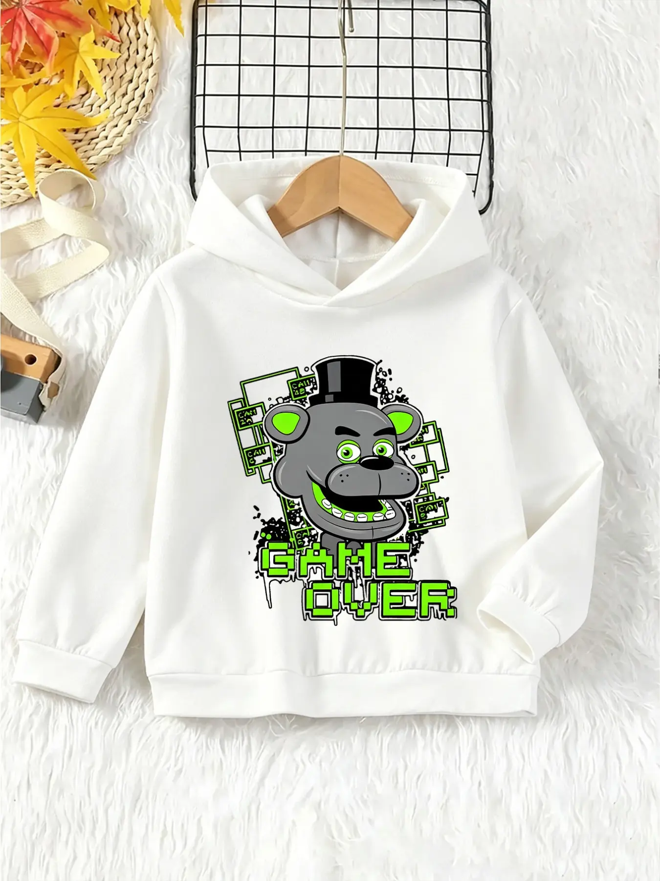 Children's Hooded Sweatshirt - Fnaf Game Over Cartoon Game Print Pullover Hooded T-Shirt - New Style For Boys And Girls, Spring, Autumn, Winter, Daily Casual Long-Sleeved Youth Street Style Multi-Complimentary Top For Gifting