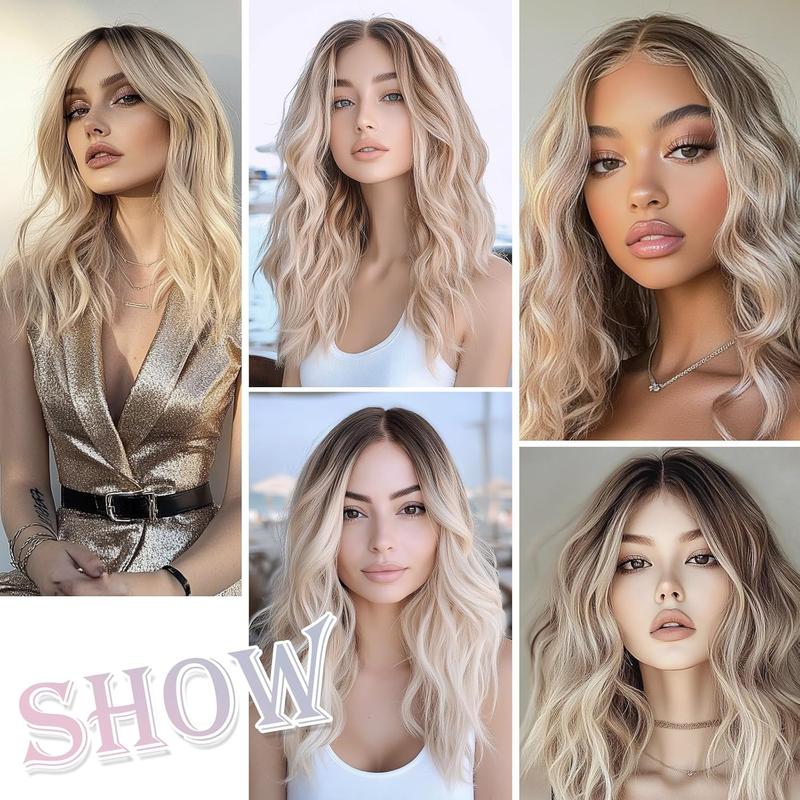 Ombre Blonde Ash Wavy Wigs  Hair Medium Length for Women Natural Looking Heat Resistant Dark Roots for Party Daily Use (Blonde,18 Inch)