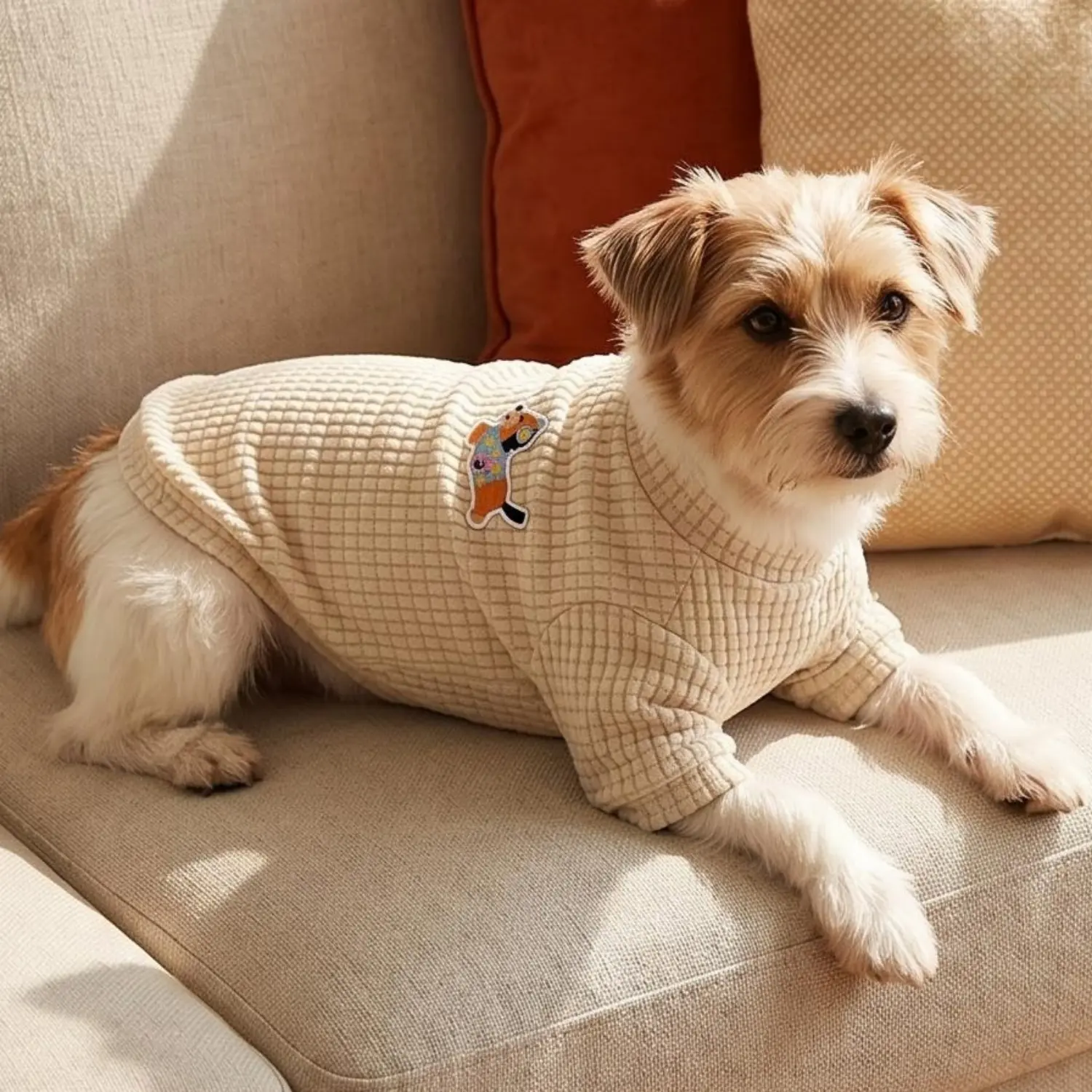 1PC Waffle Knit Dog Sweater With Cute Cartoon Dachshund Patch Pet Clothes For Small Medium Dogs Chihuahua Bichon