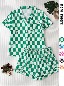 women's checkerboard print lapel neck pajama, casual comfy short sleeve button front chest pocket design top & elastic waist shorts pj set, ladies summer sleepwear, womenswear, loungewear, homewear