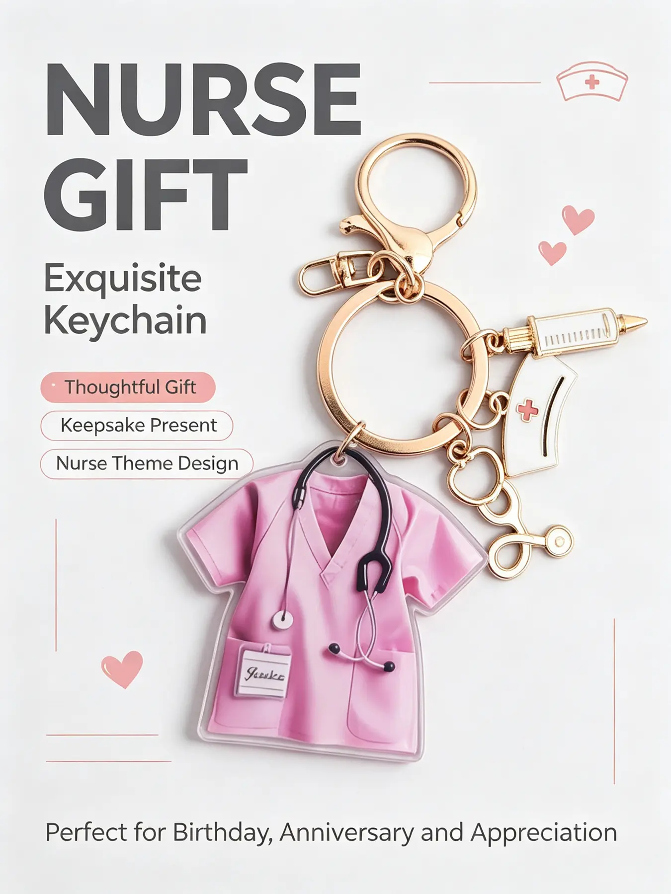 Cute Nurse Keychain Gift, Acrylic Scrub Keychain with Stethoscope, Nurse Cap & Syringe Charms, Gift for RN CNA Nursing Student Medical Staff, Graduation Birthday Appreciation Gift