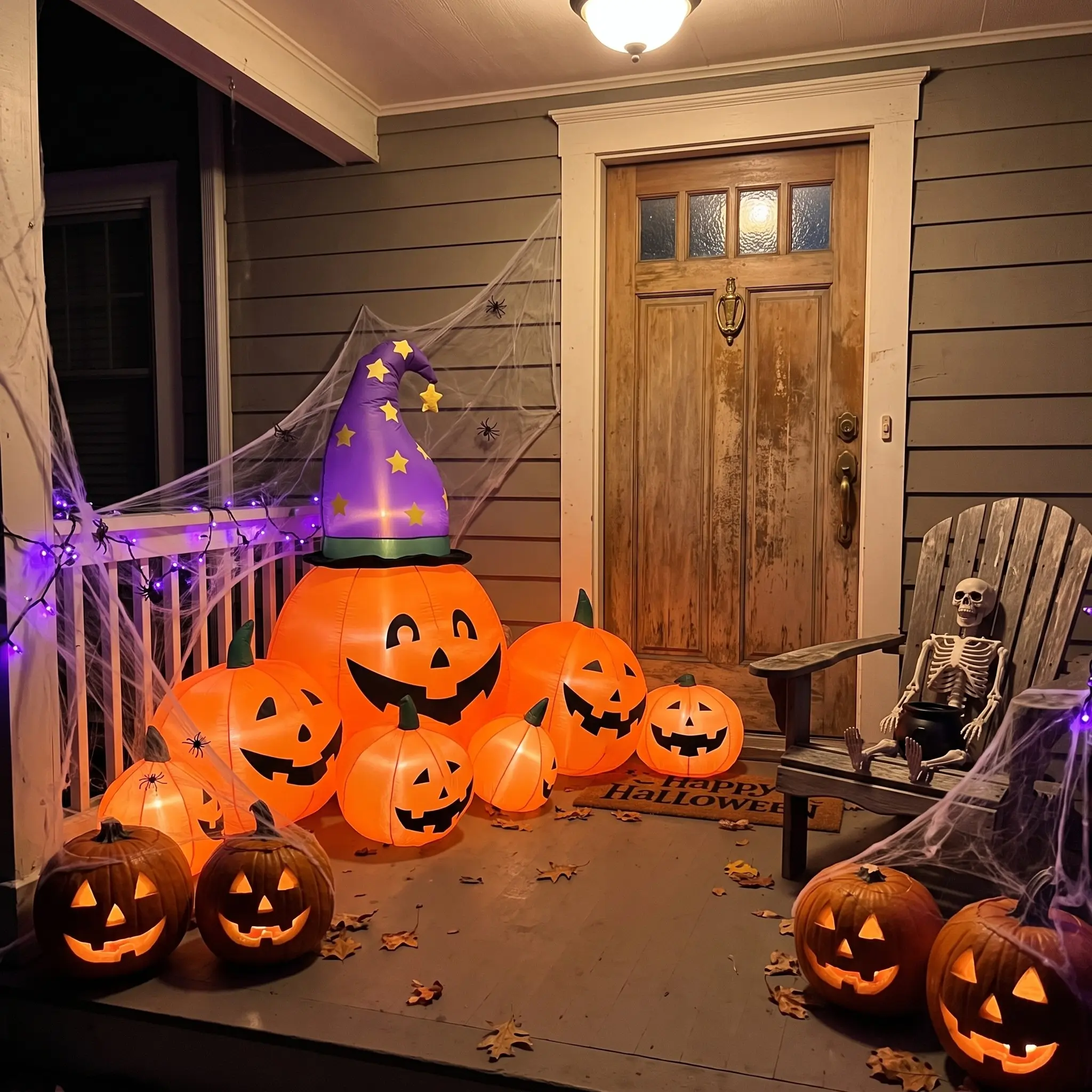LED Halloween Decoration, Glowing Hat & 7 Spooky Pumpkin Faces, Eye-Catching Outdoor Yard Display, Portable Decorative Lights