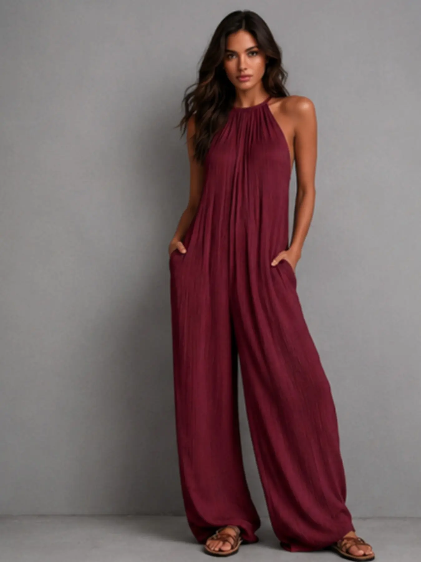 Breathable Crinkled Halter Wide Leg Jumpsuit with Pockets, Flowy Comfy Summer for Vacation Beach, Casual Daily Outing