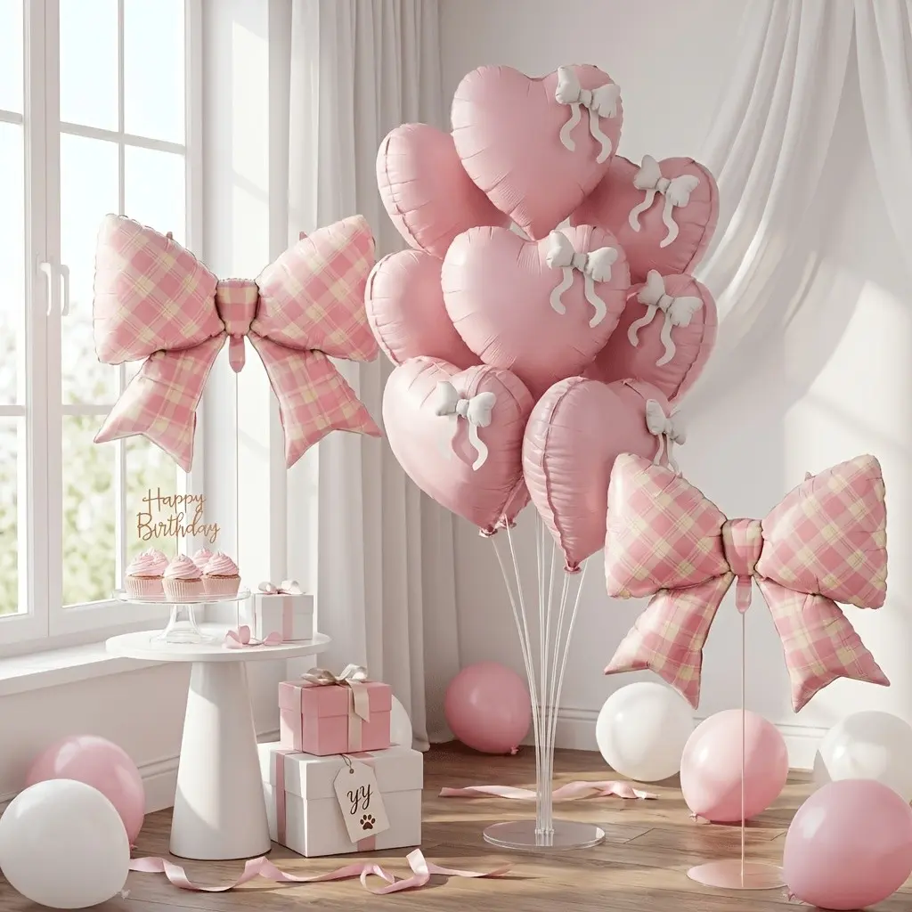1 Set Khaki Cream Pink Plaid Bow & Heart Foil Balloon Kit, Cute Aesthetic Party Decor for Women’s Birthday, Valentine’s Day, Galentine’s Day, Bridal Shower & Engagement Parties
