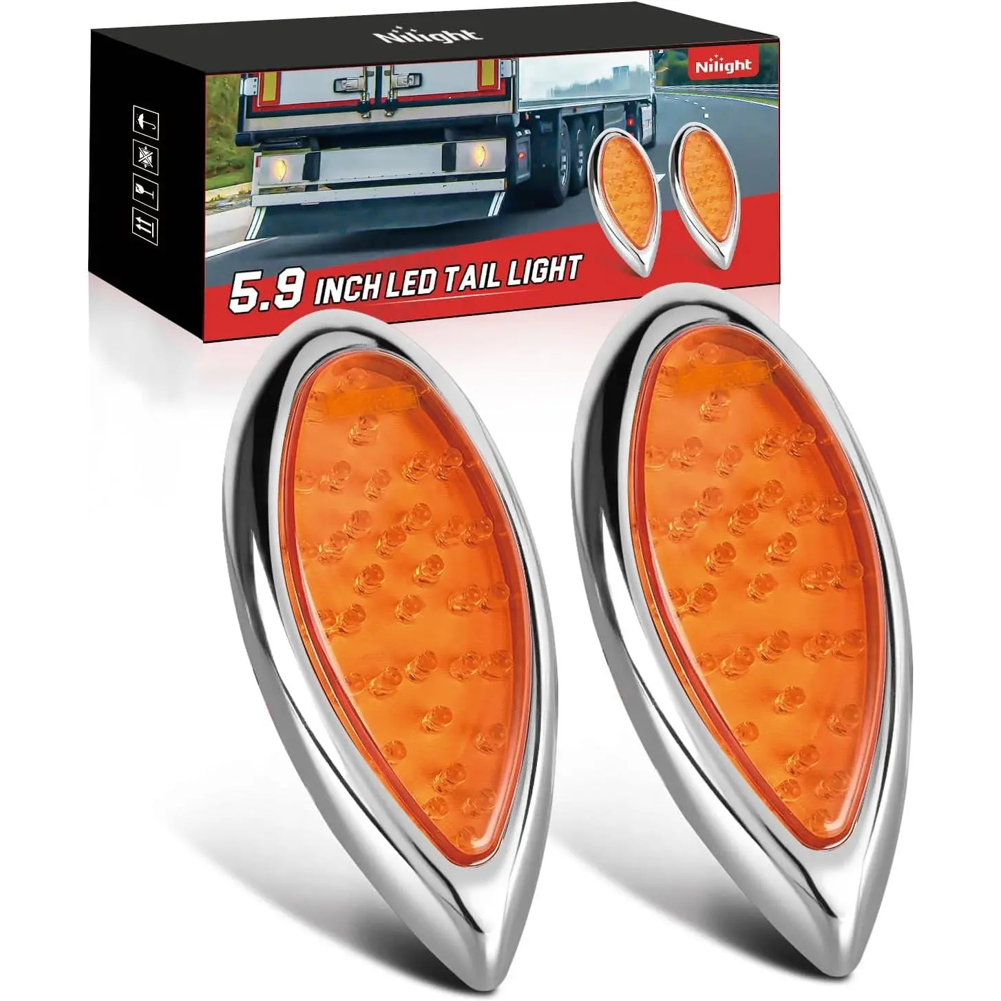 Nilight Trailer Tail Light 2PCS 5.9Inch Teardrop 35 LED Amber Chrome Bezel Marker Clearance Brake Turn Signal Running Taillight IP67 Waterproof for Trailer Truck Pickup Camper RV