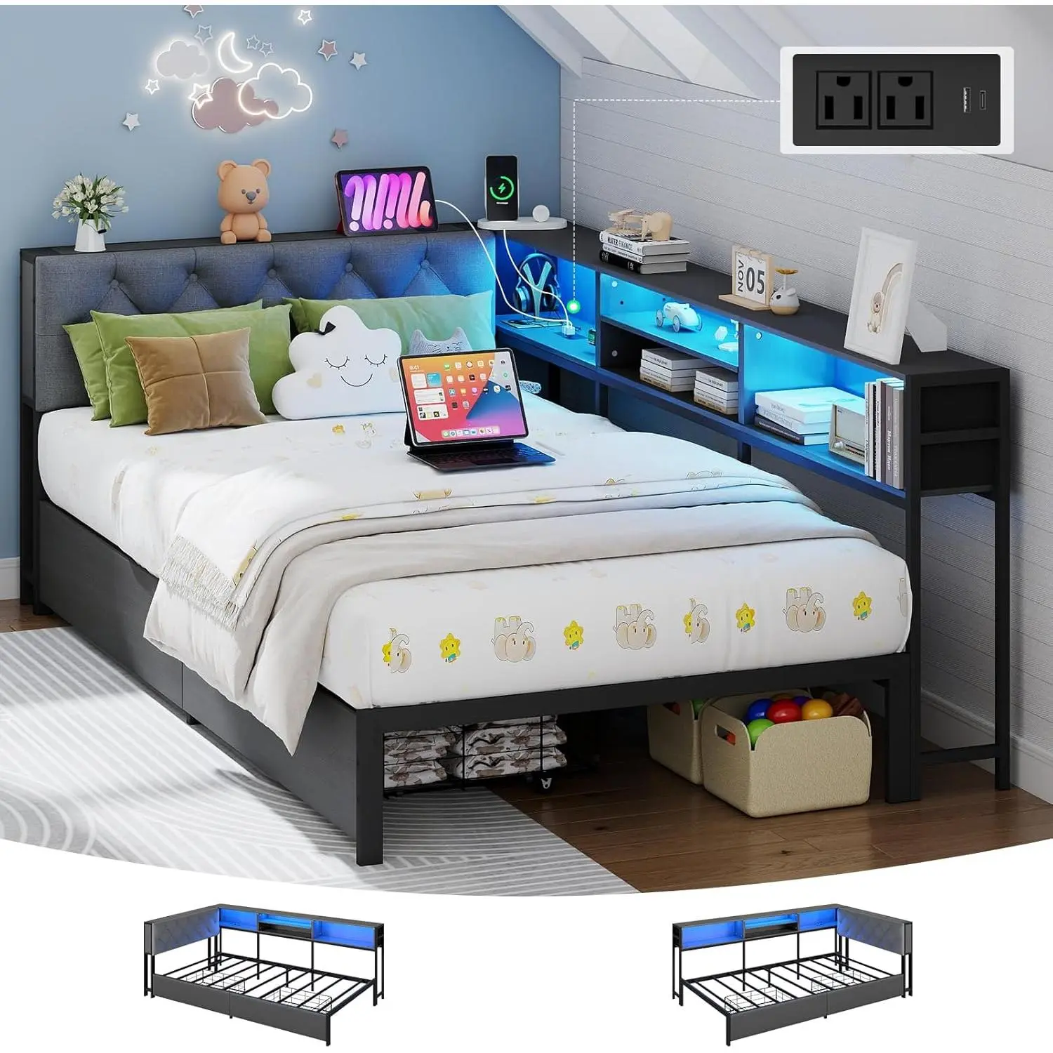 Doltoro Corner Bed Frame Twin XL with Storage Bookcase and Headboard, Platform Corner Bed with LED Lights and Charging Station, Twin XL Daybed with Storage Drawers for Kids Teens Guests, Dark Gray 86.2"L x 49.2"W x 30"H
