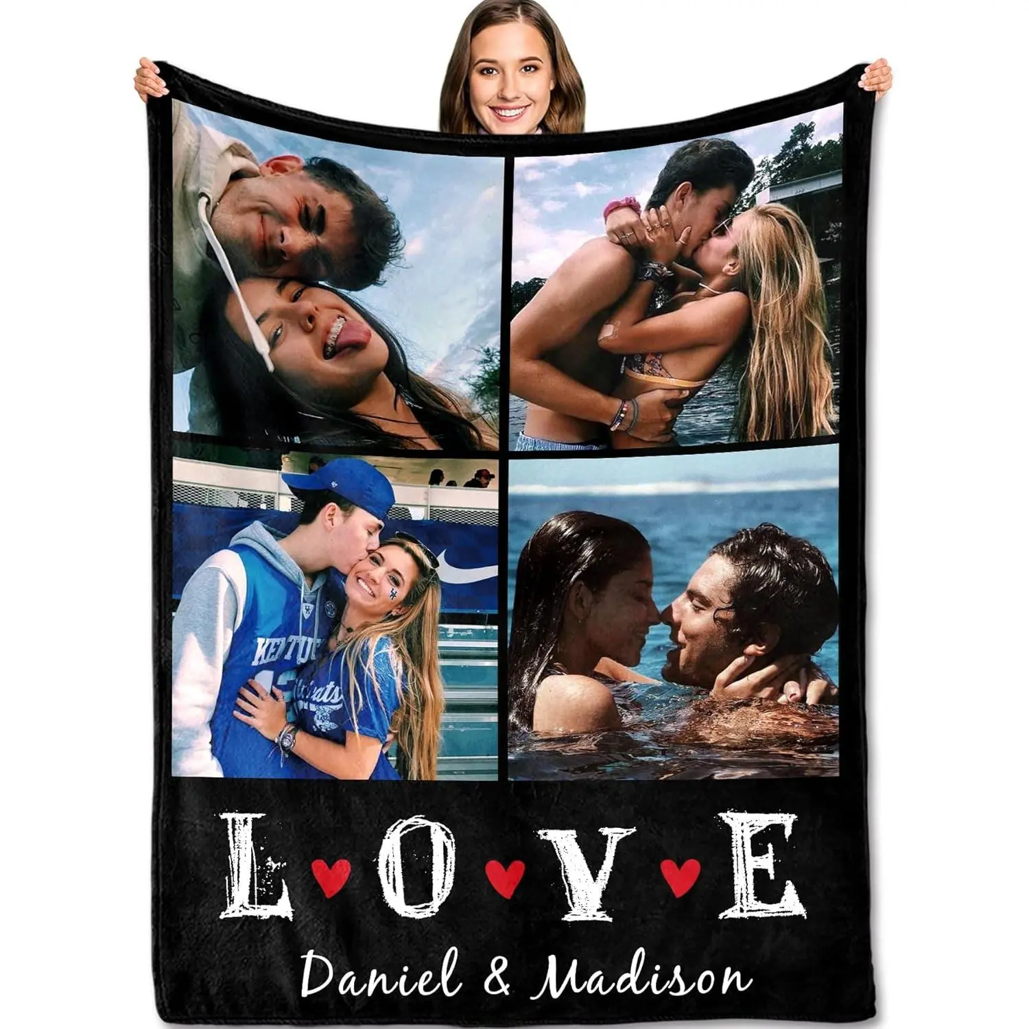 Love Custom Photo Throw Blanket, 4 Picture Black Vintage Graffiti Flannel Blanket, Soft Cozy Warm Throw, Personalized Name Design, Romantic Gift for Him Her Couple, Sentimental Keepsake Cute Couch Bedroom Decor # blankets