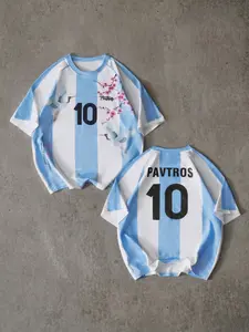 Polyester Mesh Men's Argentina Stripe Soccer Jersey, Quick Dry Short Sleeve Football Tee With Red-Crowned Crane Plum Blossom Print, Number 10 Custom Name Back Print, Vintage Sports Top For Match Day Summer Street Outfits