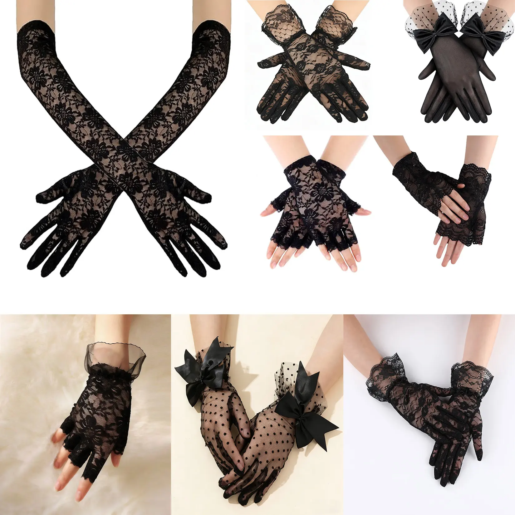 8 Pairs Lace Gloves for Women - Vintage Short & Long Tea Party Dress Gloves - Stretchy Polyester - Elegant for Halloween, Cosplay, Special Events