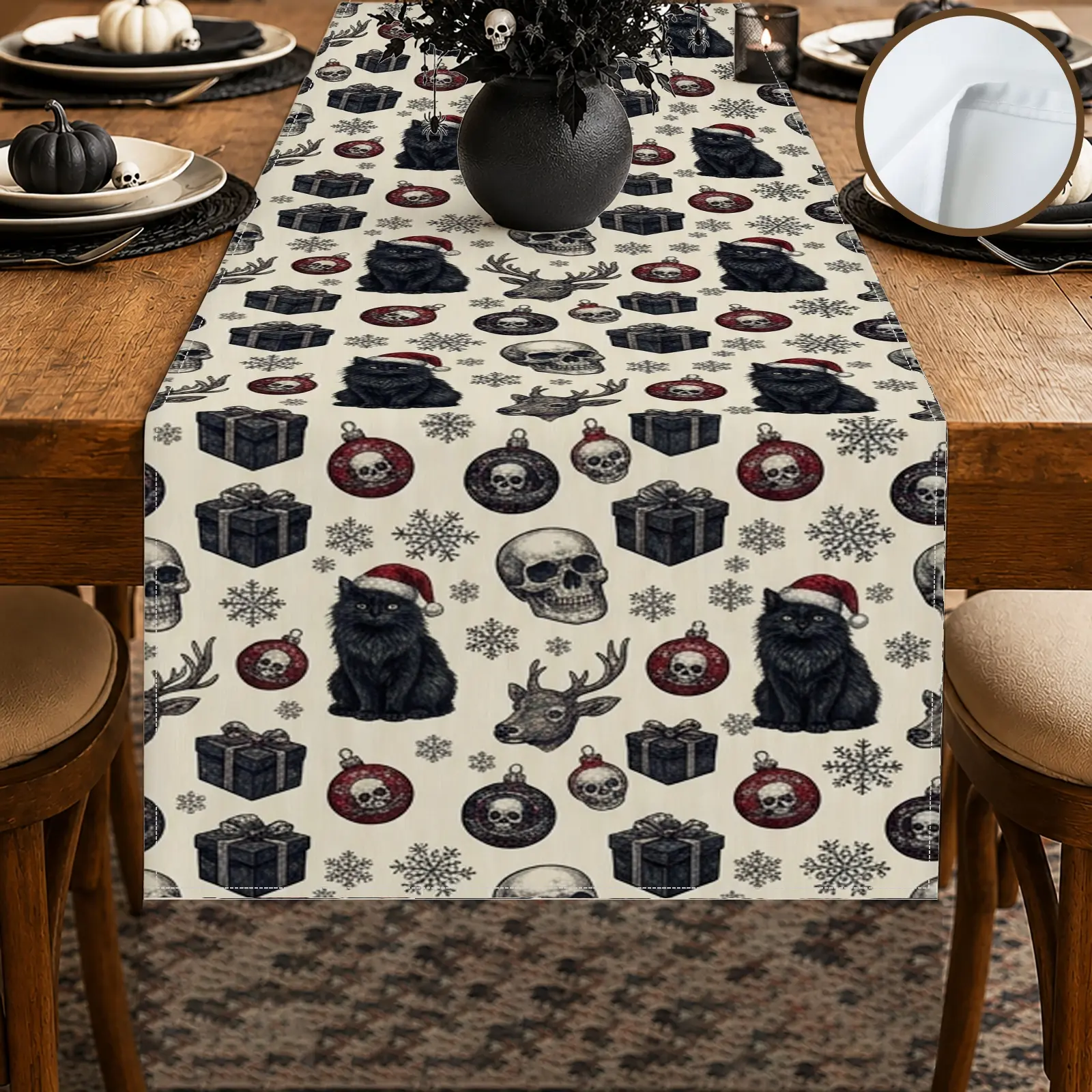 1pc Black Cat Skull Christmas Table Runner, Vintage Gothic Style, Repeating Pattern with Ornaments and Snowflakes, for Dining Table Home Decor Holiday Table Decor Christmas Dinner