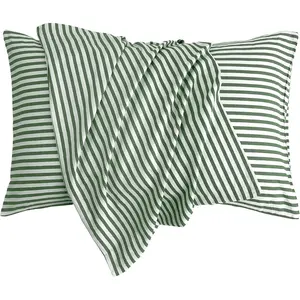 100% Natural Cotton Striped King Pillowcases Set, 2 Pack White and Green Stripes Pattern Printed Pillow Covers with Envelope Closure(Pillows are not Included)