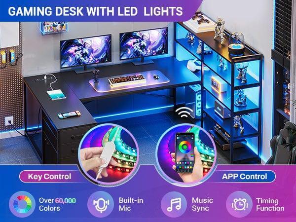 Sikaic 64.5 Inches Reversible U Shaped LED Gaming Desk with RGB Light, 5-Tier Storage, USB Ports, Black Home Office Furniture