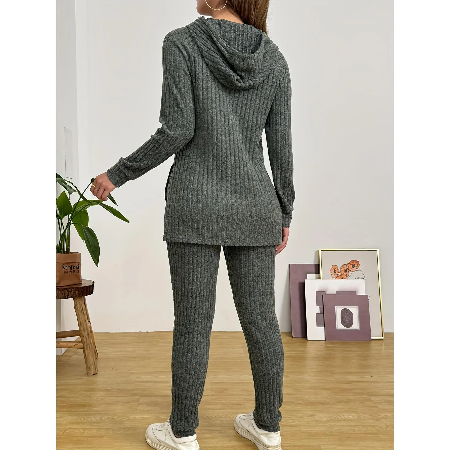 [Maternity Casual Set] 2pcs Spring/Autumn Maternity Casual Set, Side-Slit Hooded Top And High-Waist Tummy Pants with Adjustable Cuffs, Comfortable And Fashionable Outfit for Outings