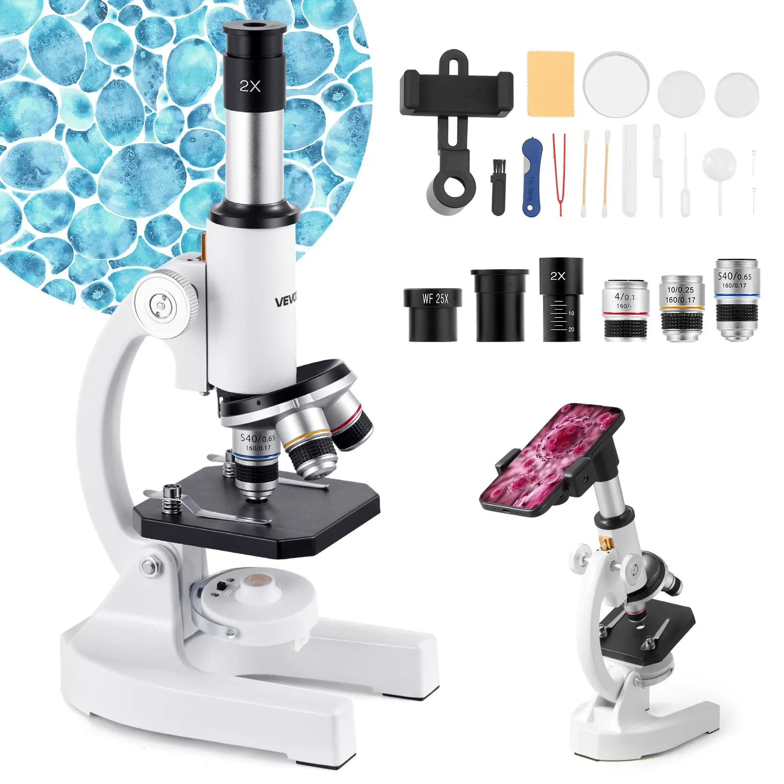 【Summerfinds】VEVOR Microscope for Kids Adults, 40X-2000X Professional Compound Microscope Mobile Phone Adapter with LED Light, for Laboratory, School, Home, Education