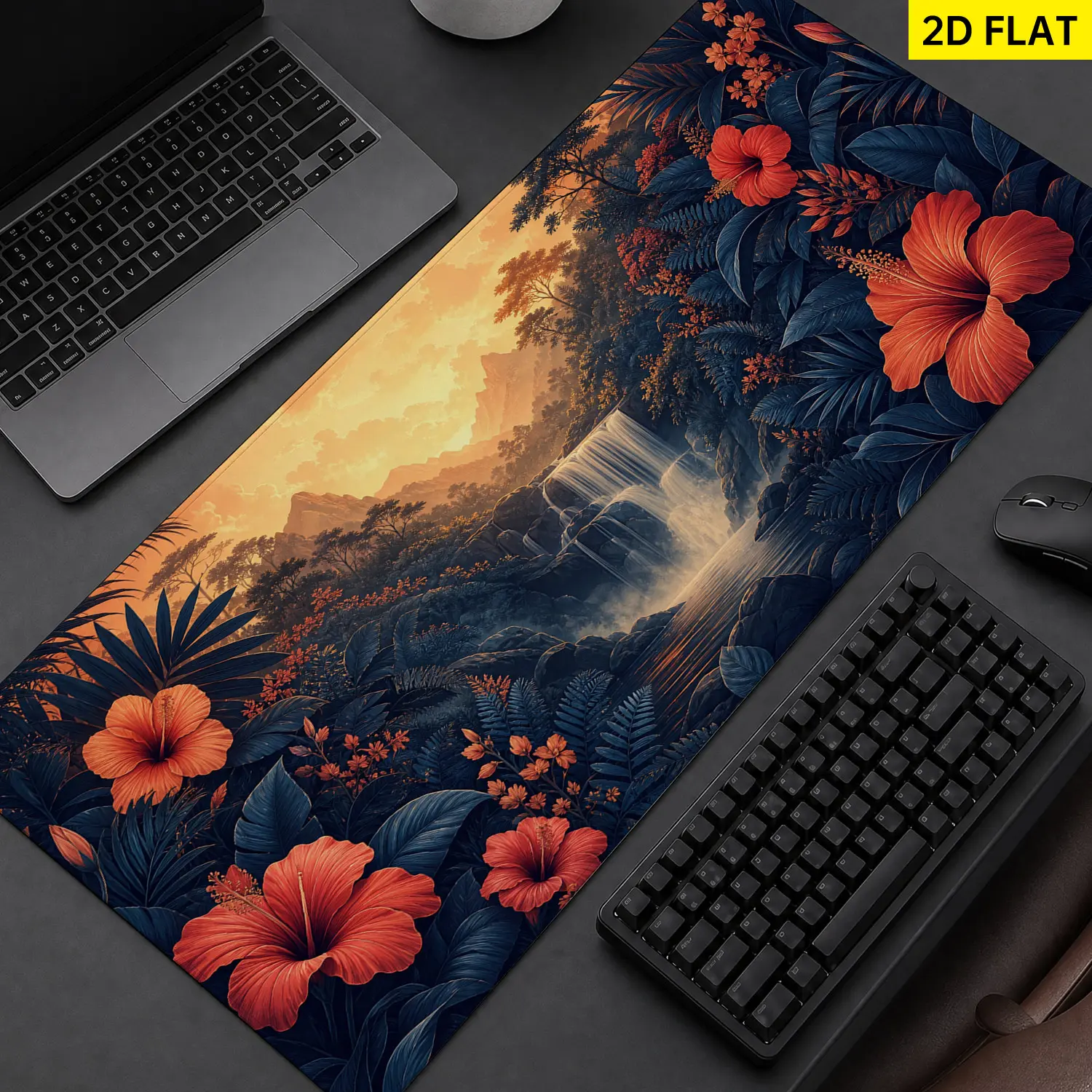 Extra Large Tropical Hibiscus Waterfall Sunset Mouse Pad - Non-Slip Rubber Base, Washable Lock Edge, Multi-Size Gaming Mousepad, Premium Multipurpose Desktop Protector for Office, Study, Gift for Loved Ones