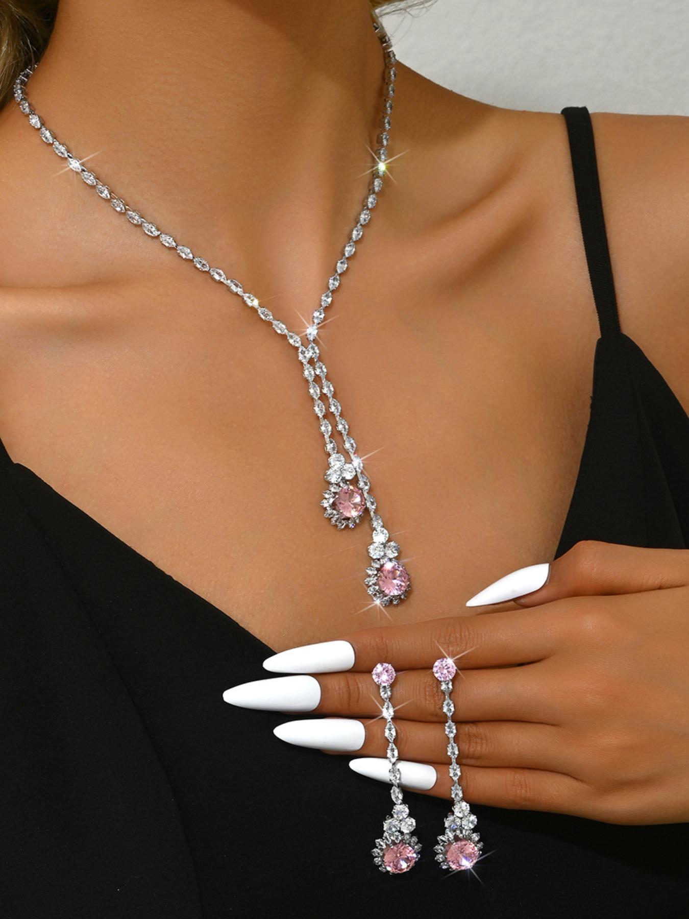 Women's Elegant Artificial Zircon Decorated Necklace & Dangle Earrings, Exquisite Trendy Jewelry Set, Fashionable Accessories for Party & Daily Clothing Decor, Matching Jewelry Set