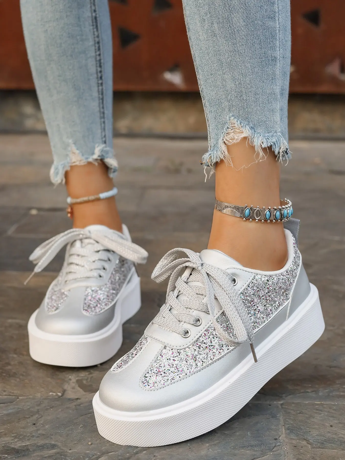 Silver Color Glitter Patchwork Sneakers, Slim-Fitting Party Shoes, Versatile Casual Women's Footwear, Perfect for All Seasons