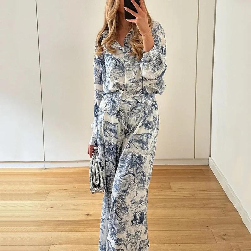 2026 Spring New Women's Clothing Set Printed Batwing Sleeve Waist-Cinching Wide-Leg Pants Set