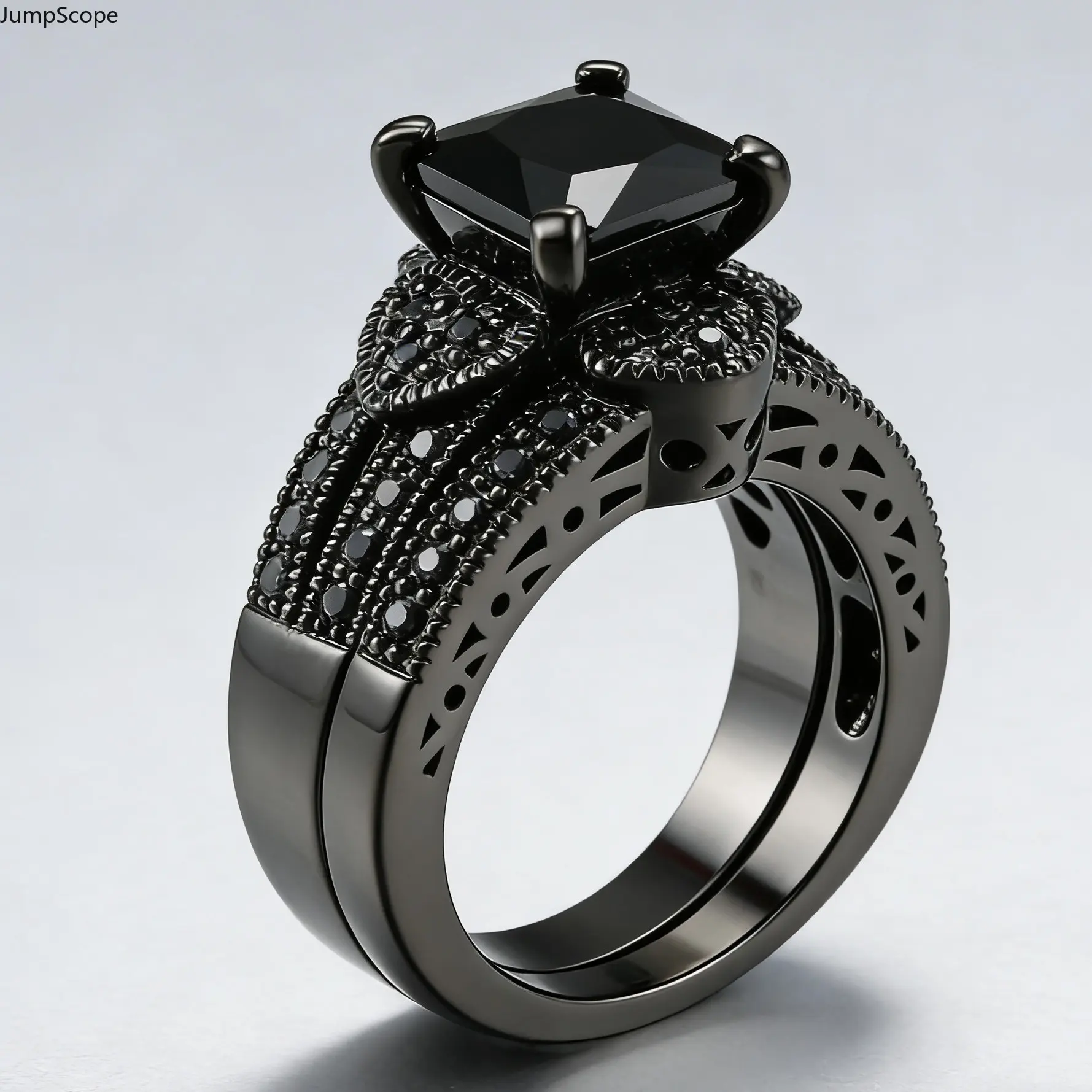 Women's Gunmetal Black Plated Princess Cut Black CZ 2-Pcs Stackable Ring Set - Gothic Heart Floral Cutouts Triple Pave Hollow Bridal Band for Dark Wedding Proposal Anniversary Wedding Gift, Mdf+Steel