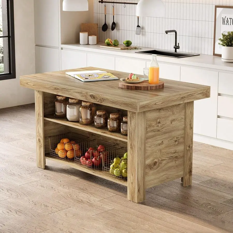 55" Island With Storage, Farmhouse Stationary Island Table Counter Height Bar Table With Large Countertop, Oak