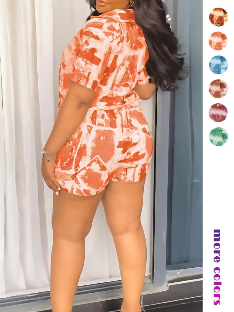 Two-piece Set Women's All Over Print Short Sleeve Shirt & Shorts, Casual Button Up Top & Shorts for Daily Wear, Ladies Summer Clothes, Fashion Clothes Set