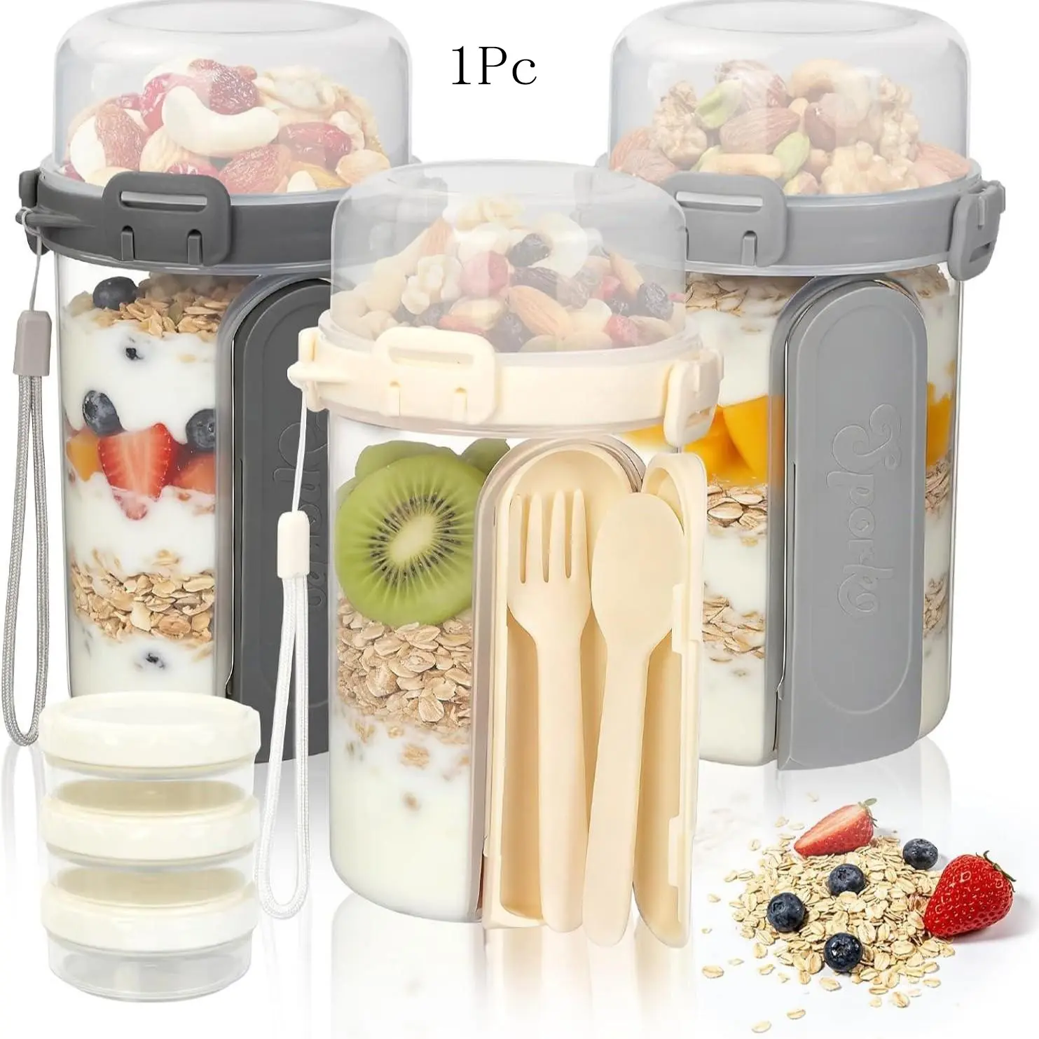 Portable Overnight Oatmeal Cup with Spoon and Fork, Dual-Layer Yogurt Cup, Dry-Wet Separation, Sealed Breakfast Container, Meal Prep Container, Overnight Oats Containers