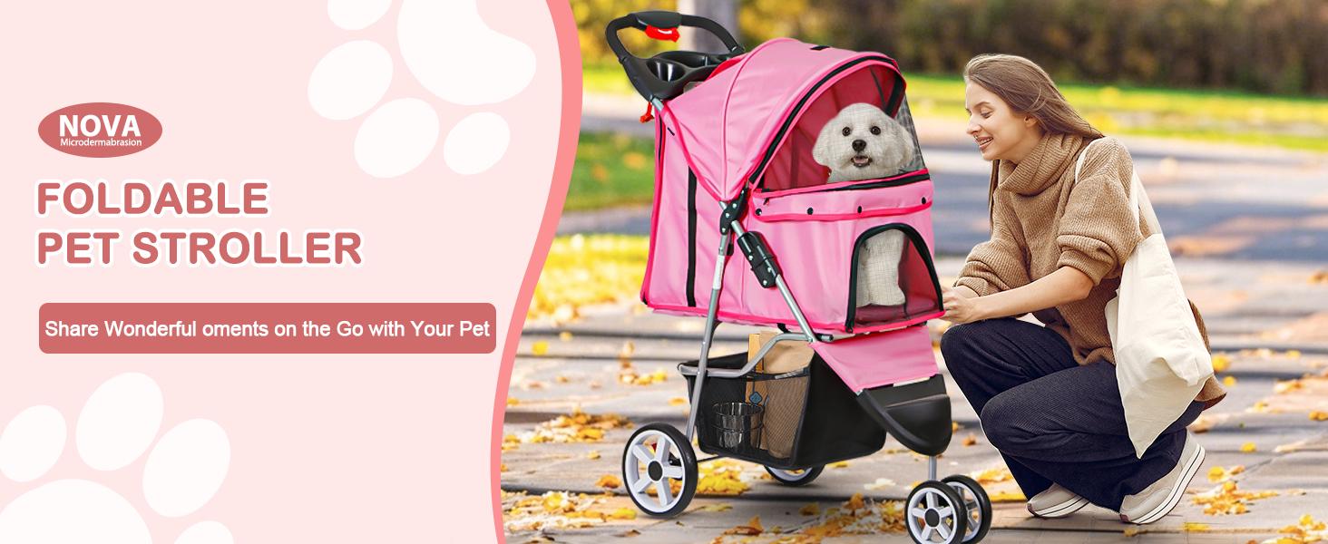 AGS Foldable Pet Stroller for Cats and Dogs 3 Wheels Carrier Strolling Cart with Weather Cover, Storage Basket + Cup Holder (Pink)