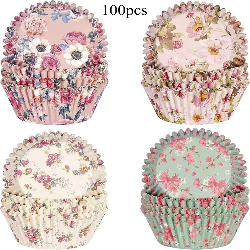 100 Paper Cupcake Cups, Baking Dessert Cups, 4 Styles Mixed Pack, Perfect for Mother's Day, Valentine's Day, Birthday, Easter, New Year