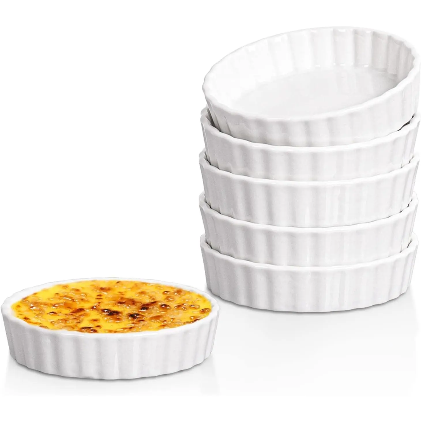 Creme Brulee Ramekins - 6 Piece Set, 8 oz Round Fluted Quiche Dishes, Oven Safe, White