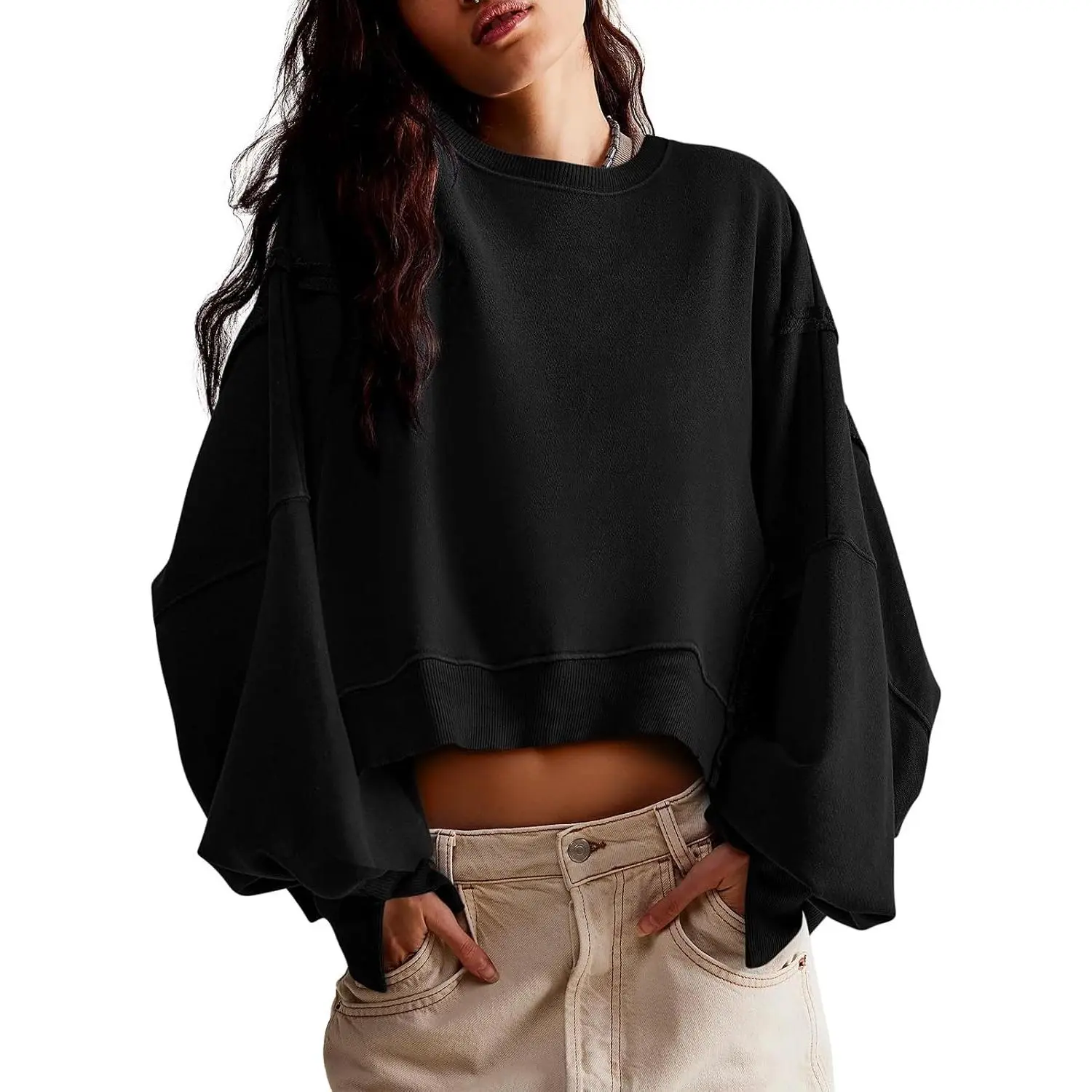 Womens Casual Sweatshirt Cropped Shirts | Loose Fit, Tee Top, Pullover, Crop Hem, Design Trim, Daily Tops